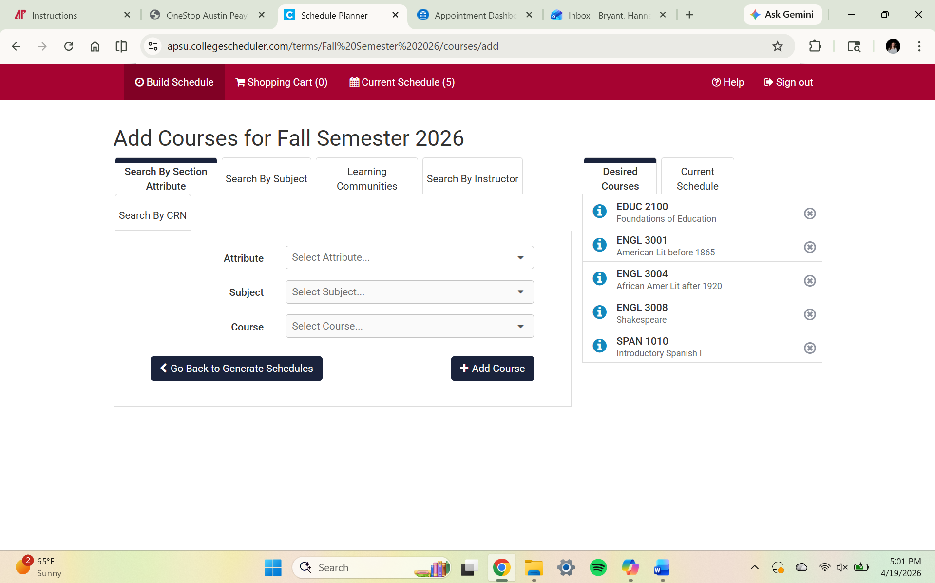 Show the class search page with search fields visible.